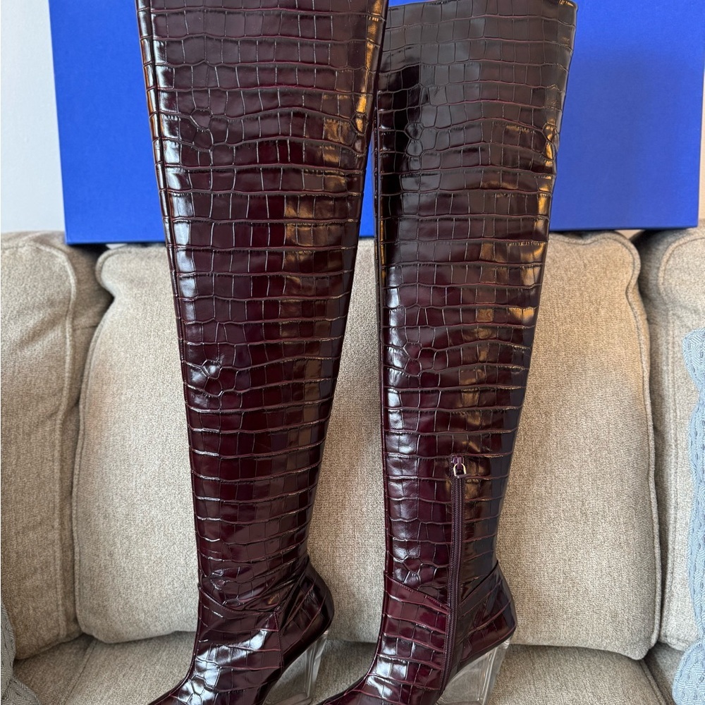 👠 Stuart Weitzman Lucite Boots size 7 thigh high boots deep plum color - Picture 2 of 9